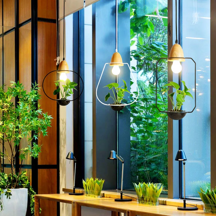 Art Deco Plant Pendant Lights with Wood Base Creative Rustic Culture Hanging Lamps for Dining Room Cafe Bar Restaurant Lighting