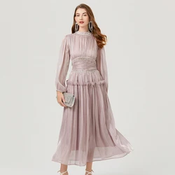 French Luxury Crystal Beads Tassel Shine Robes Holiday Women Stand Lantern Sleeve Ruffles Pleated Formal Occasion Prom Dress 622