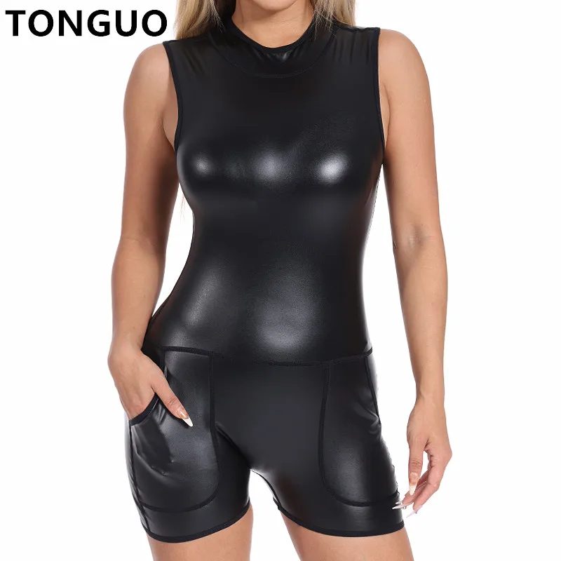 

Women One Piece Shapewear Sleeveless Back Zip Bodysuit Lady Jumpsuits Rompers Playsuits Tank Top Faux Leather Shaper with Pocket