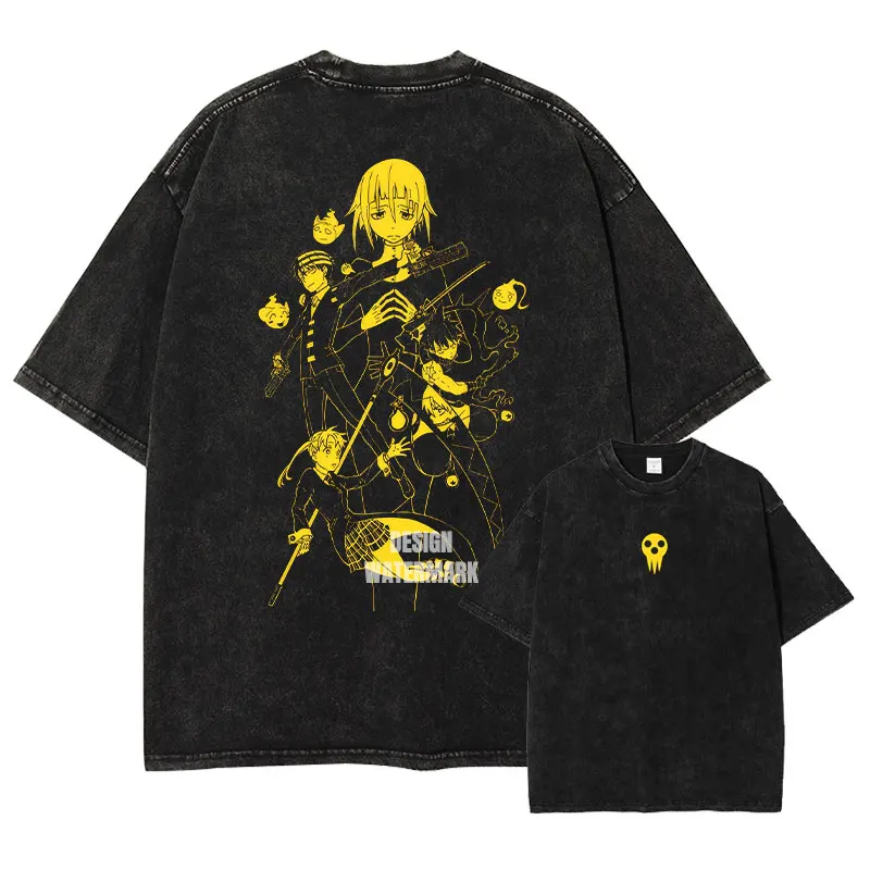 

Футболки с аниме S-Soul E-Eater, большие винтажные футболки Washed Death The Kid, ретро Harajuku Maka Evans, топы, мужские футболки из 100% хлопка