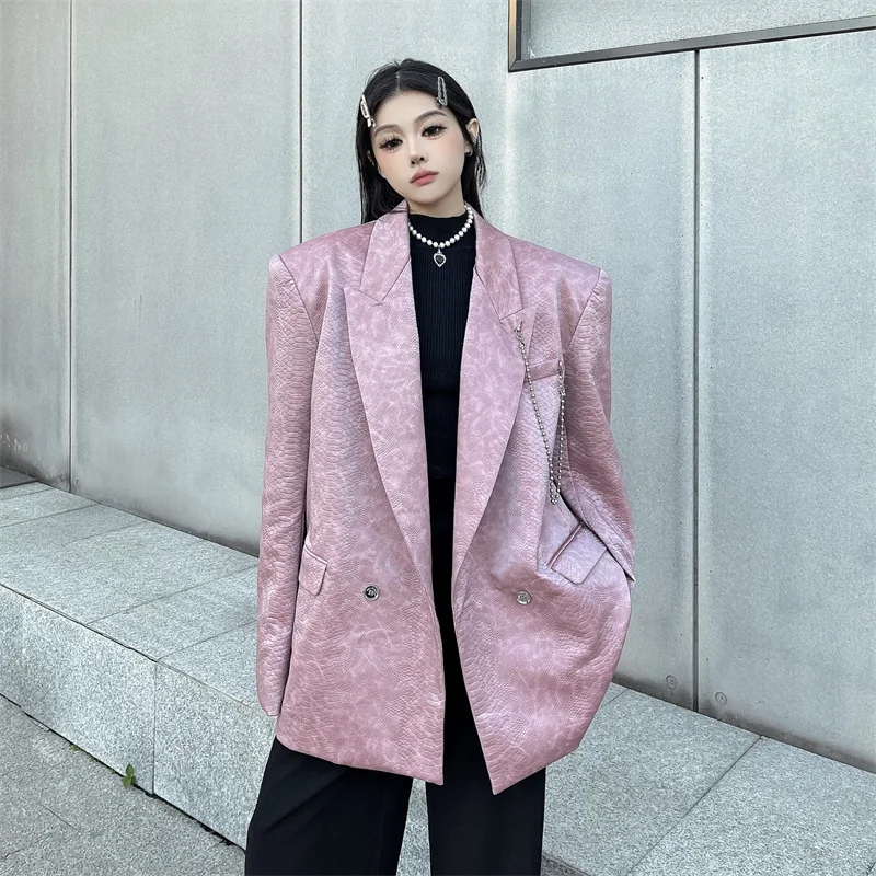 Women\'s Fashion Oversized Blazer High Street Style Serpentine Patern Luxury Pink Suit Jacket Unisex Loose Coat 2024 Winter New