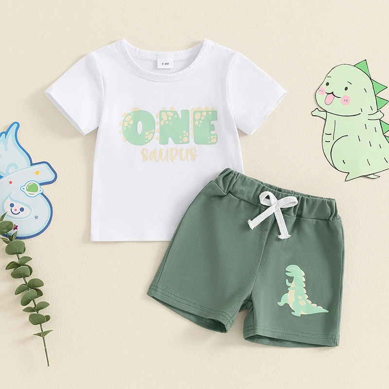 Roupa infantil de manga curta com estampa de dinossauro, conjunto de shorts de bebê menino, roupas do 1 ° aniversário, carta impressa, gola redonda