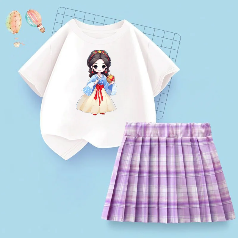 Chinese Style Children Set JK Skirt Girl T-shirt Summer Short Skirt Cotton Clothing Casual Tops Dresses 2PCS