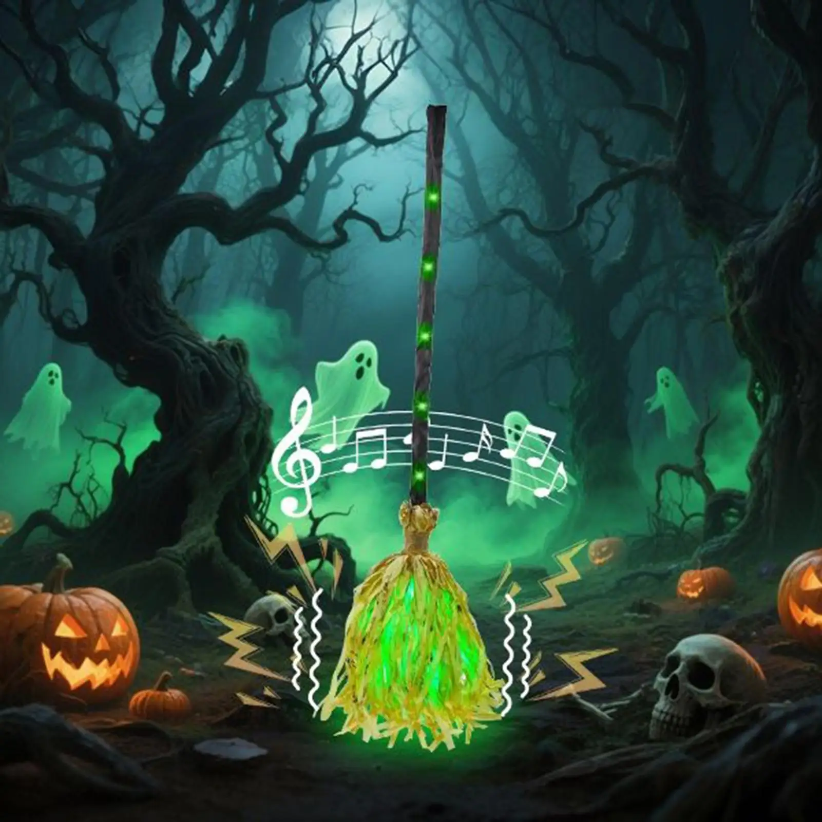 HOT Glowing Witch Broom with Sound Effects Auto Bouncing for Haunted House Escape Room Party Indoor Halloween Decoration Gifts