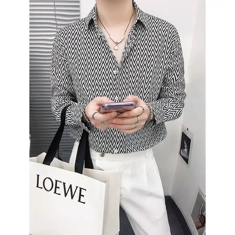 Mens Clothing Korean Fashion Striped Print Street Chic Button Shirt Spring Autumn Lapel Long Sleeve Loose Tops Camisas De Hombre