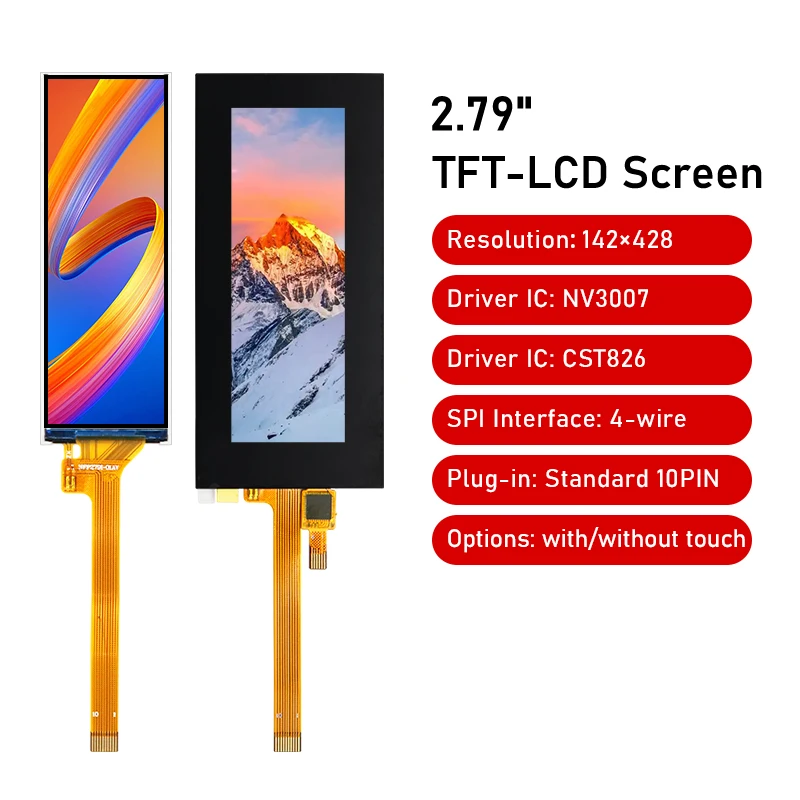 2.79-inch IPS capacitive touch NV3007 long-shaped TFT LCD screen with 142x428 pixels and 10P interface for SPI connection