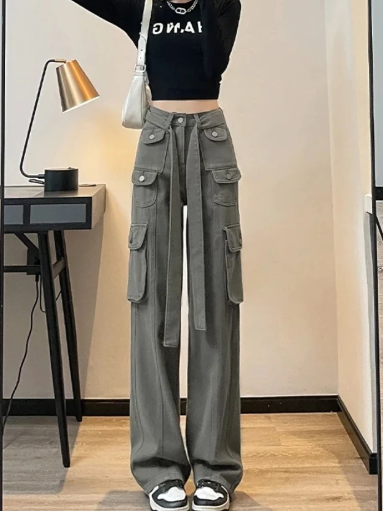 

American style cargo design sense jeans women in autumn new loose straight leg high waisted street casual wide leg pants