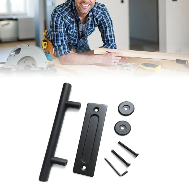 Maçaneta deslizante para porta de celeiro, aço carbono, 4.8mm de espessura, dupla face, push pull, alça redonda preta