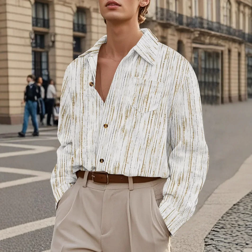 new men's casual shirt fashion vintage brushed striped pocket long sleeve cardigan spring and autumn trend men's lapel top
