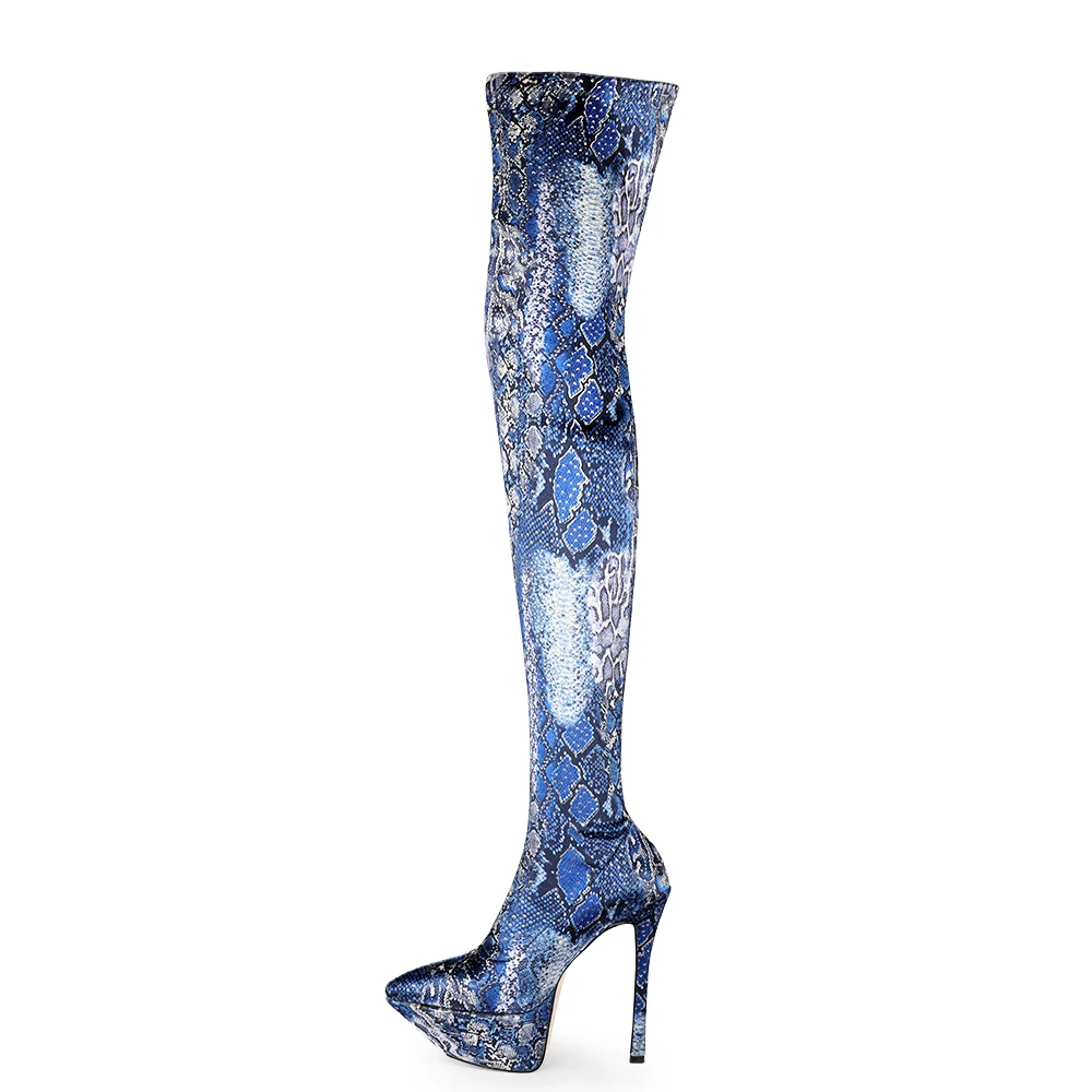 Arden Furtado 2024 Autumn Snake pattern Over the knee boots Pointed toe Platform Super high heel Elastic cloth Modern boots