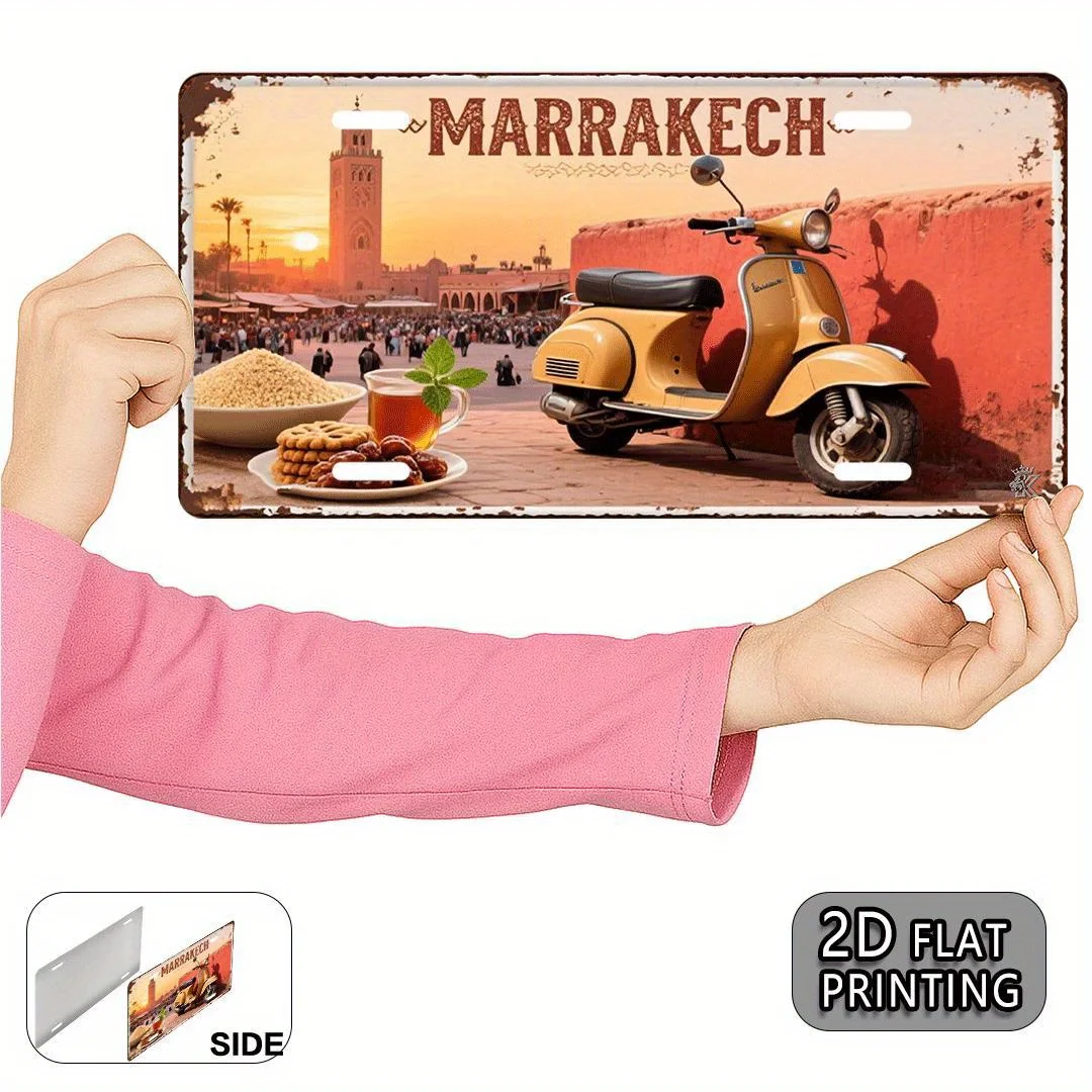 Marrakech Morocco Vintage Rustic 2D Flat Printed License Plate Aluminum Metal Painting High Definition Clear Print Bend Resistan view 2