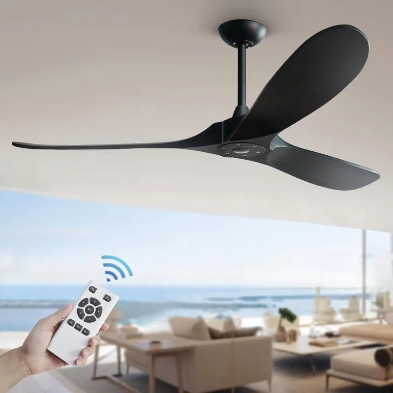 Large Ceiling Fans without Light, 60 Inch Modern Ceiling Fan with 3 Wood Blades, Noiseless Reversible DC Motor and Remote