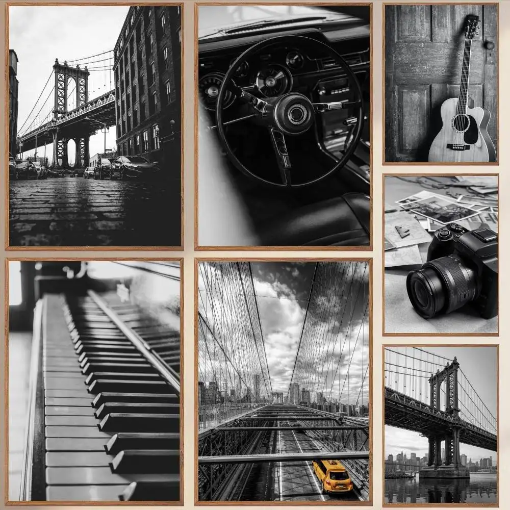 Washington Street And Manhattan Bridge Poster Self-adhesive Art Waterproof Paper Sticker Coffee House Bar Room Wall Decor