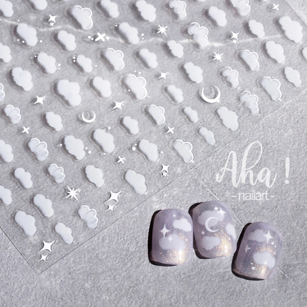 1pc Cute White Cloud Nail Stickers Ultra Thin Nail Art Stickers Self Adhesive Decals Star Moon/Flower/Clouds Kawaii Nail Decals