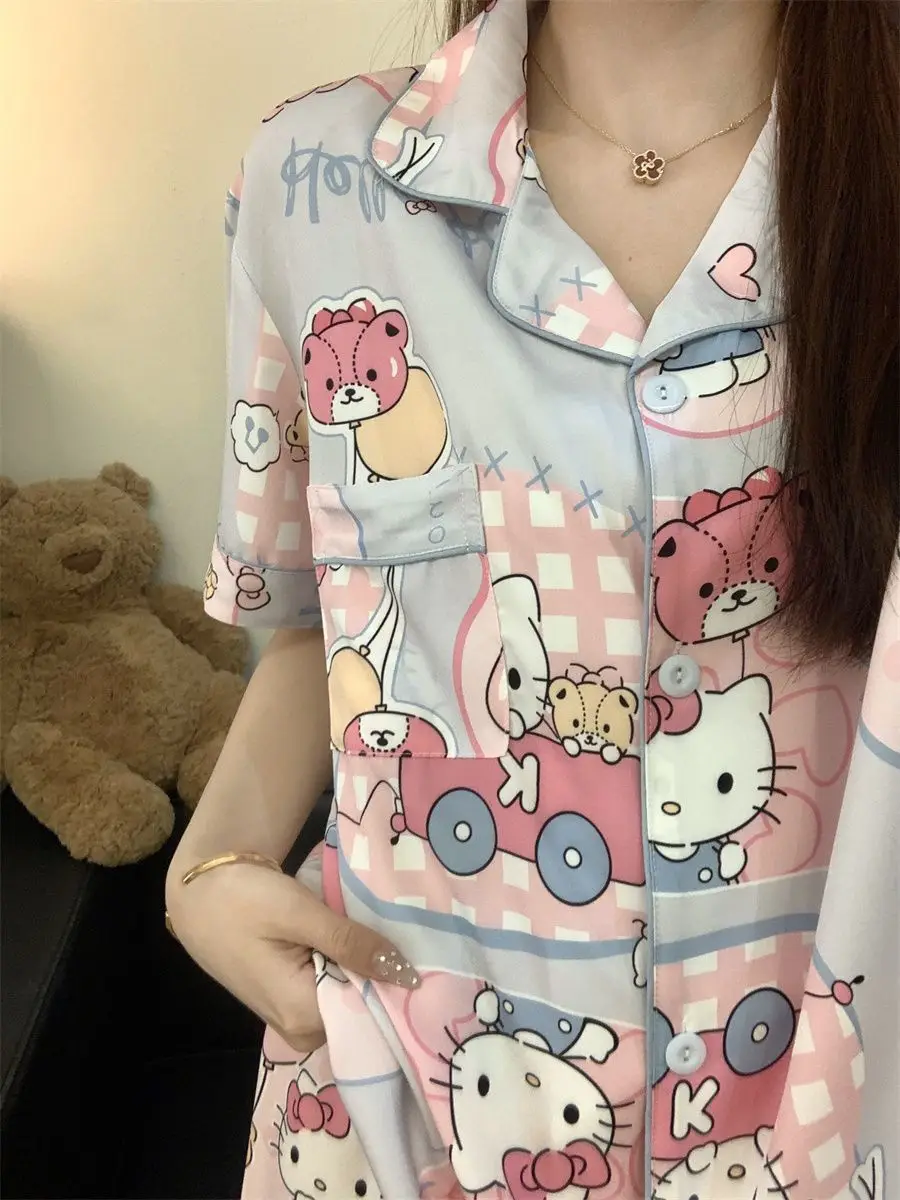 

Hello Kitty Women's Sweet Cute Cartoon Print Summer Pajama Set Short Sleeve Shorts Comfy Breathable Dorm Loungewear & Sleepwear