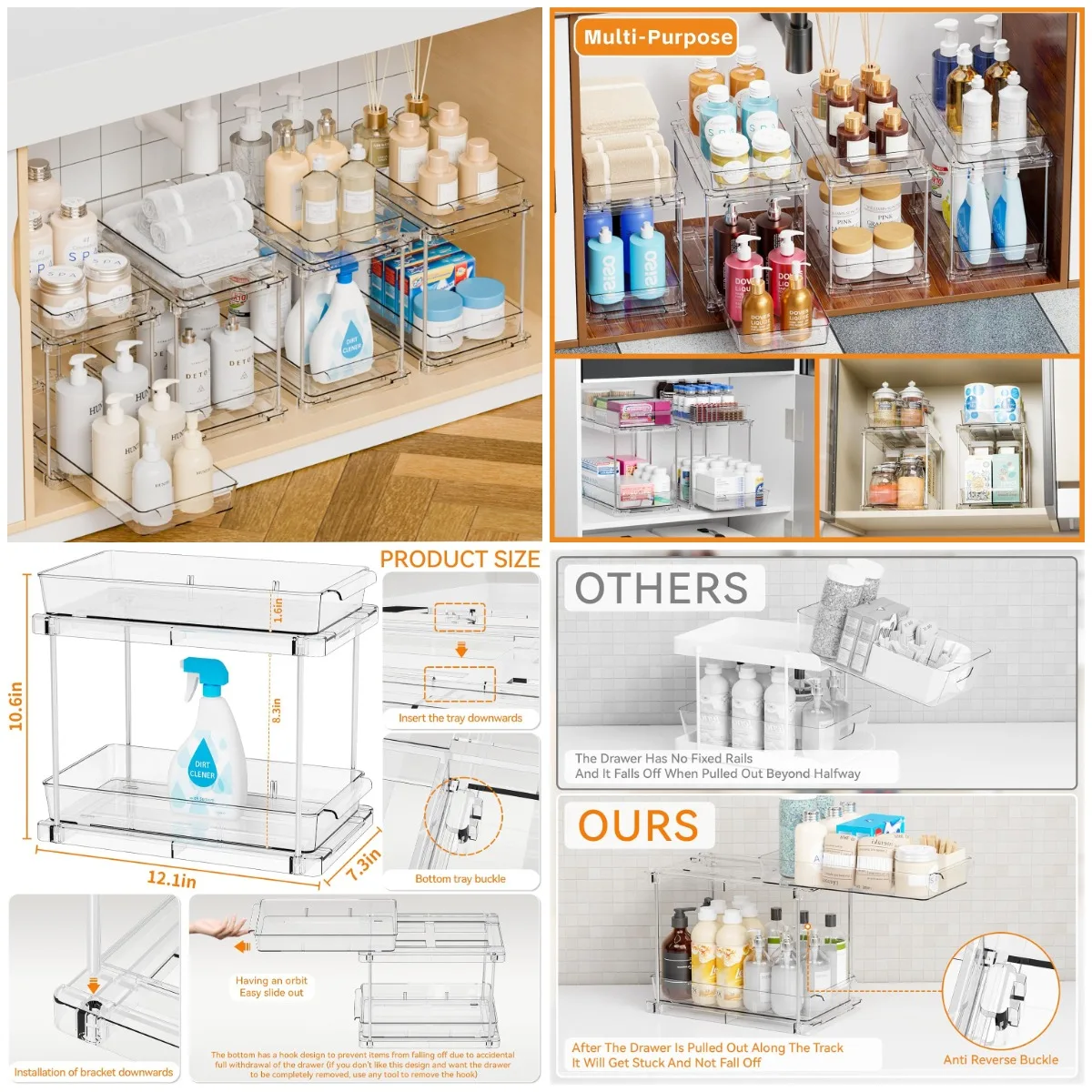 

4 Pack Under Sink Organizers, Clear Acrylic Two-Tier Pull-Out Cabinet Storage for Bathroom, Pantry, Vanity