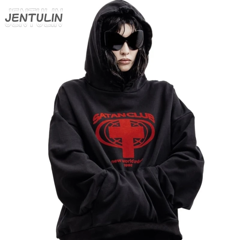 Harajuku Oversized Streetwear Pullover Men\'s Hoodies Satan Club Graphic Print Hooded Sweatshirts Hip Hop Aesthetic Tops Goth Y2k