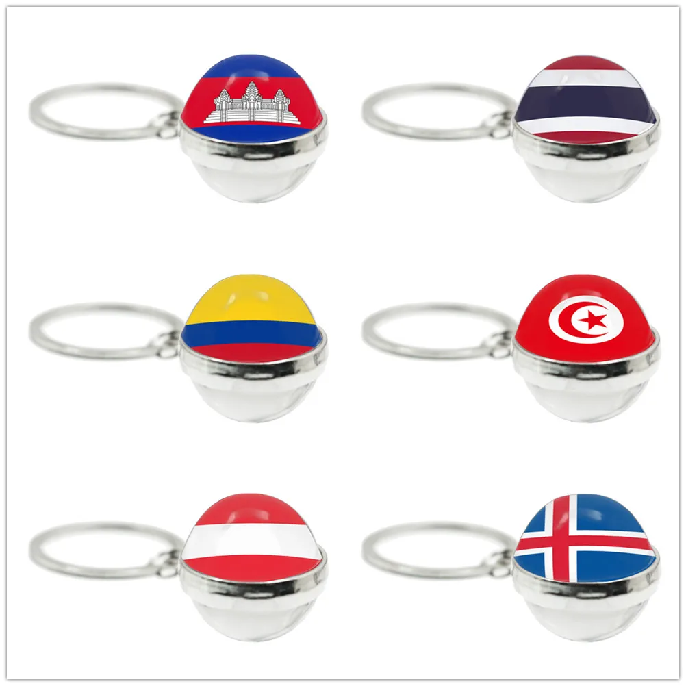 National Flag Series Double-Sided Glass Ball Keychain Palestine,Thailand,Cyprus,Egypt,Colombia,Tunisia,Austria,Iceland,Cambodia