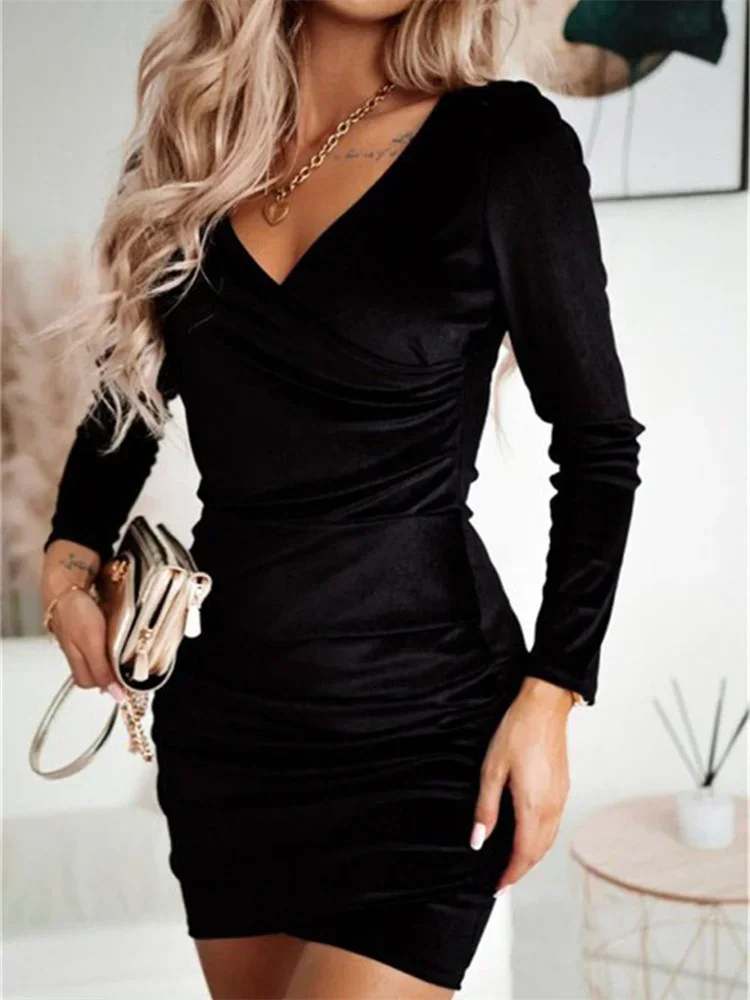 

Women Sexy Mini Dress 2021 Spring Autumn Split Sheath Solid Folds Dress Lady Black Plus Size Tunic V-Neck Bodycon Dress Vestido