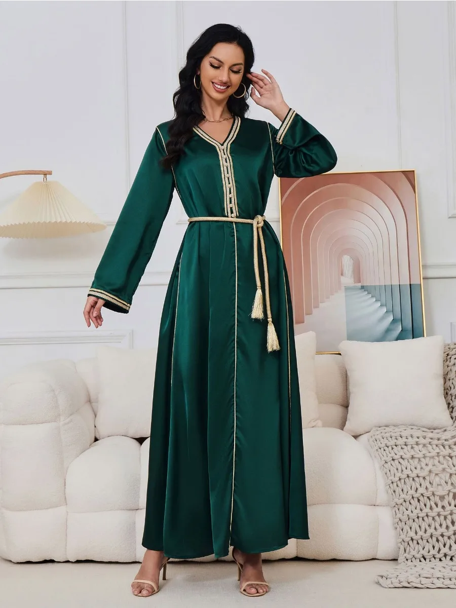 Eid Arab Muslim Party Dress for Women Abaya V Neck Button Jalabiya Long Dresses Morocco Kaftan Vestidos Dubai Ramadan Gown Robe