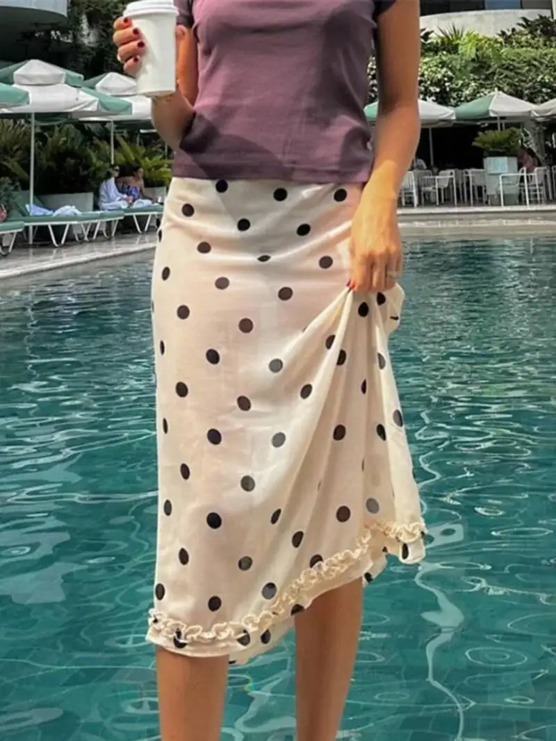 

Y2k Fairy Coquette Skirts Dress Women's Midi Skirt See Through Low Rise Ruffled Hem Dot Pattern White Black Mesh Sheer Skirt KH8