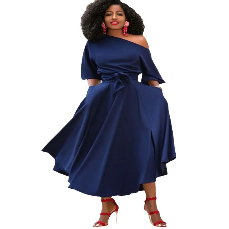 여름 신상 여성 미디 드레스 싱글 숄더 보우 허리 조임 롱 스커트 크로스 보더 2025 미디 길이 랩 드레스