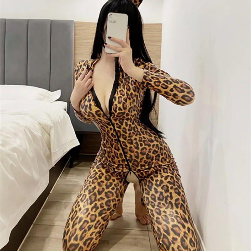 Anime Cosplay Women Costumes Leopard Girl Sexy Lingerie Oily Skinny Zipper Tight Mirror PU Leather Suit Socks Headwear Halloween