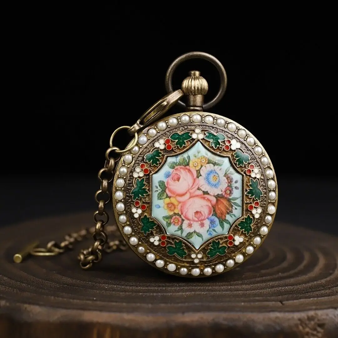 

Mechanical Clock Horologe Bronze Double Open Flower Mechanical Pocket Watch G6