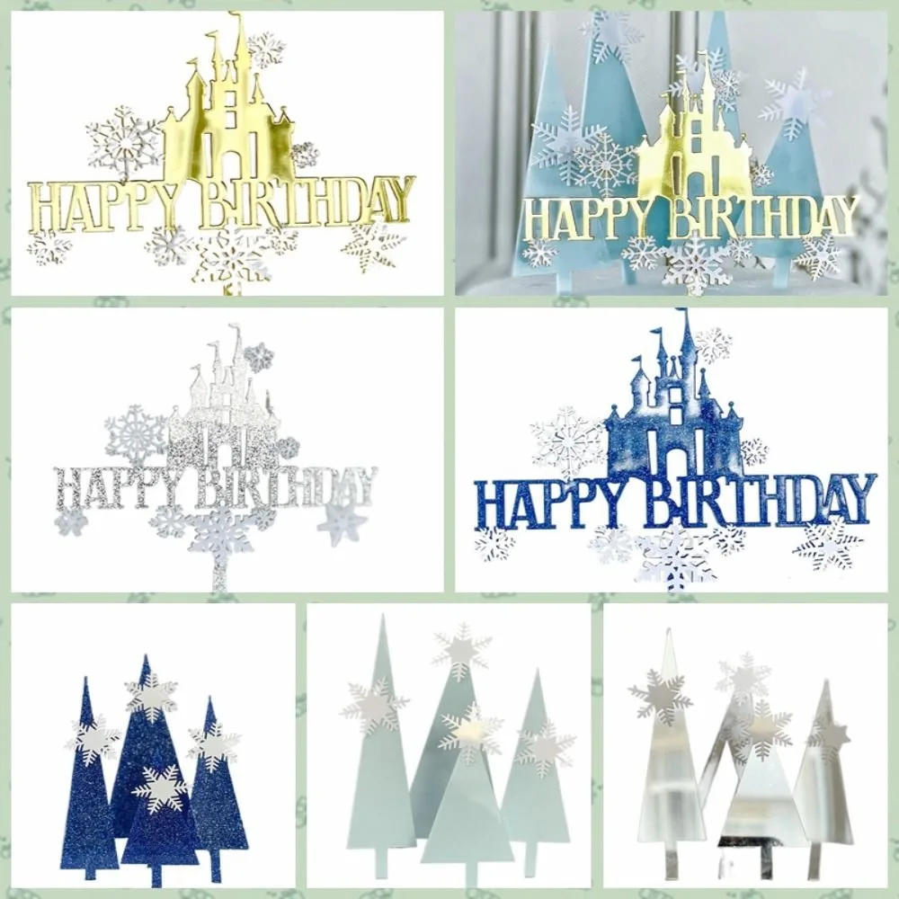 Snow Castle Acrylic Cake Topper Twinkling Happy Birthday Flags Party Favors For Girls Baby Shower Birthday Party