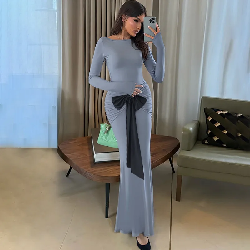 ZX25252PFO Vestido ajustado de manga larga con pajarita elegante y adelgazante, superventas