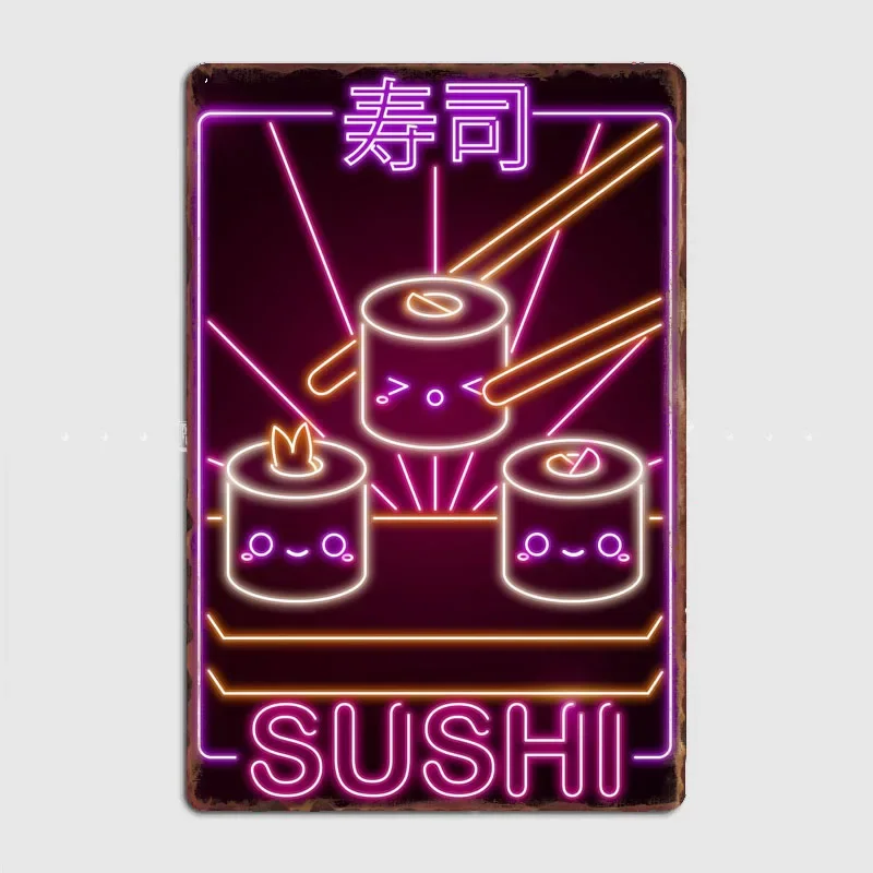 Kawaii Sushi Kitchen Food  Neon Sign Restaurant Poster Metal Cinema Kitchen Printing Sign Room Wall Decor Tin Home Decoration