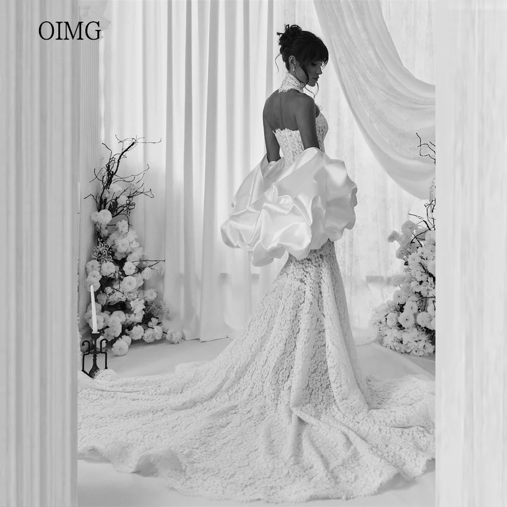 OIMG Luxurious Lace High Neck Mermaid Wedding Dress Backless Bride Dresses Floor Length Wedding Gown vestido de novia Customized