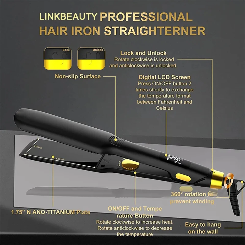 Max 250℃/480℉ Professional Hair Straightener with Negative Ions Generator Ceramic Coating Wide Plates LCD Flat Iron MCH Heating