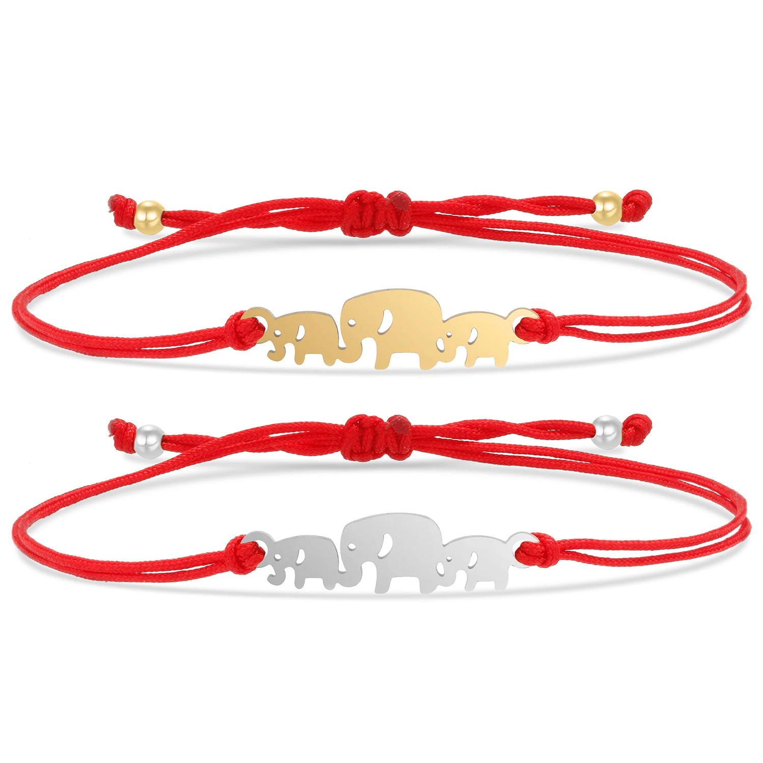 Gold-plated Stainless Steel Mirror Polish Three Elephant Lucky Charm Bracelet Women Girl Red String Cute Animal Jewelry Present