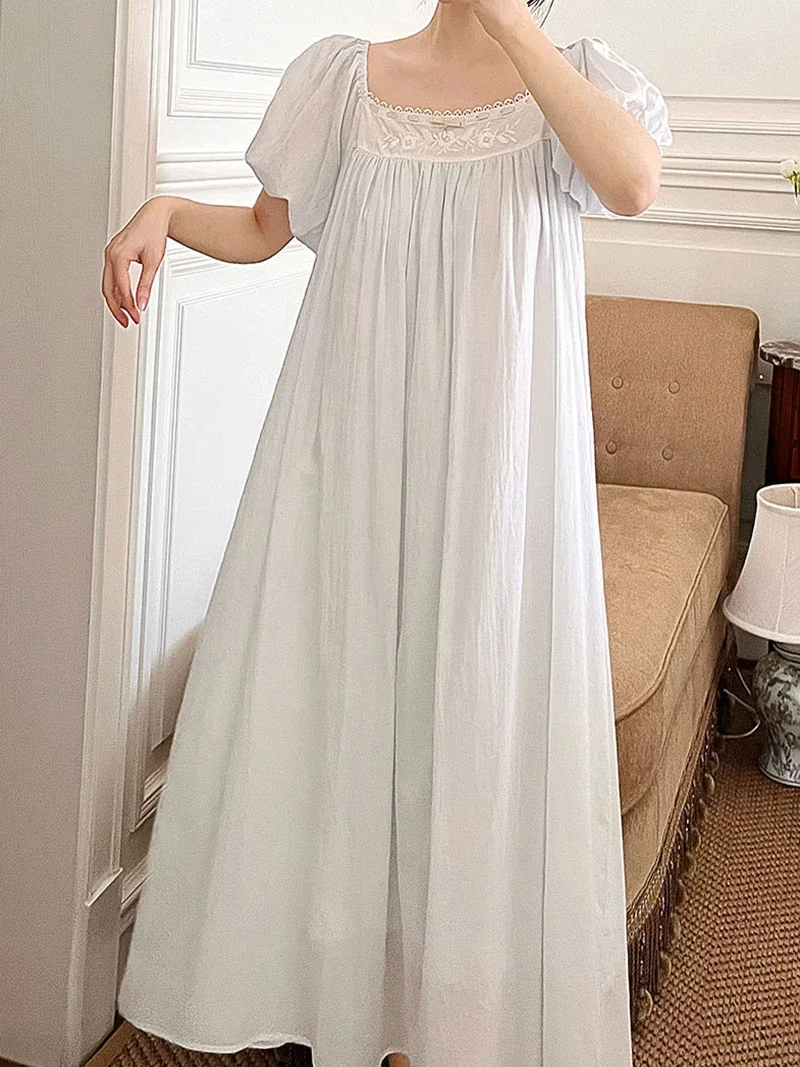 Women Pure Cotton Ruffles Sweet Embroidery Vintage Nightgowns Robe Night Dress Fairy Victorian Romantic Princess Sleepwear