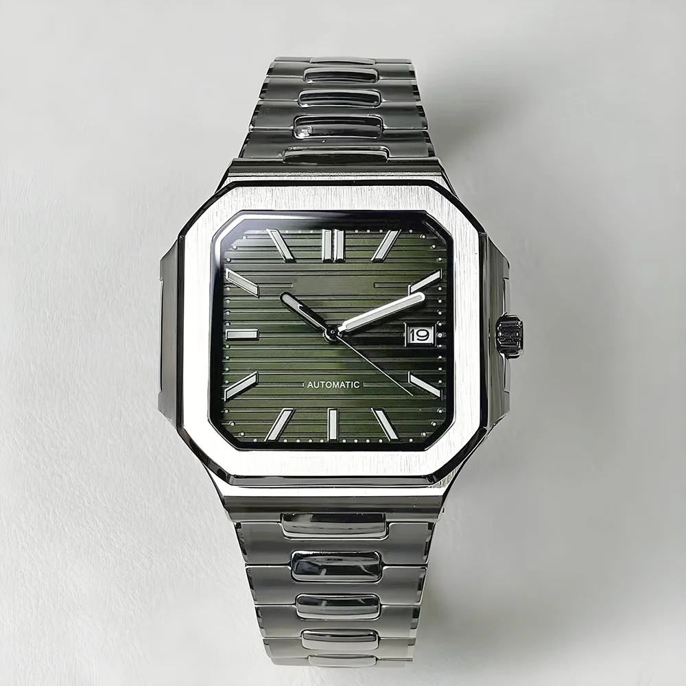 ساعة NH35 للرجال 38 ملم هيكل فولاذي مربع أسود ميكانيكية NH35 حركة أوتوماتيكية هدية تاريخ الموضة