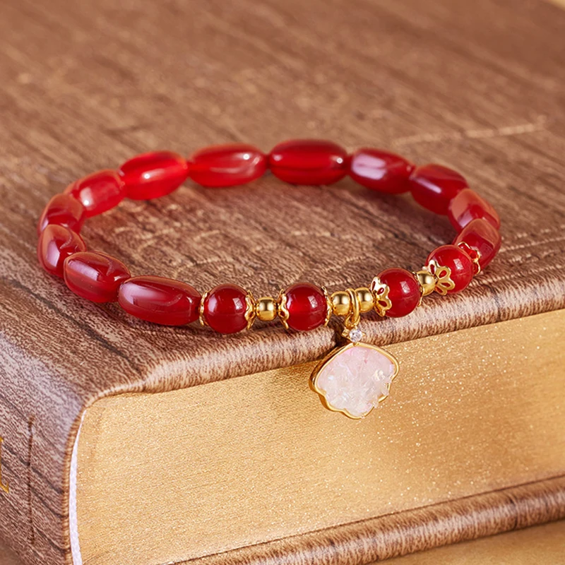 Red Agate Rice Bead Bracelet for Women Hand-Strung Shell Design Chinese Style National Advanced Gift for Girlfriend
