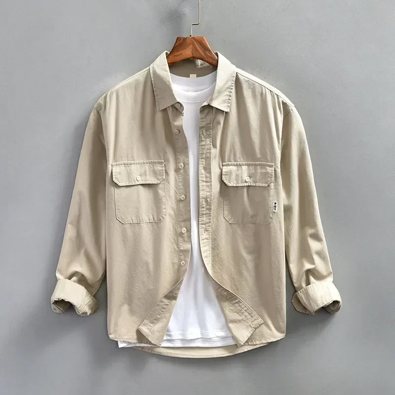 Japanese Style Cargo Shirt Men Spring Streetwear Casual Double Pocket Pure Cotton Long Sleeve Khaki Shirt 4XL Loose Shirts Male