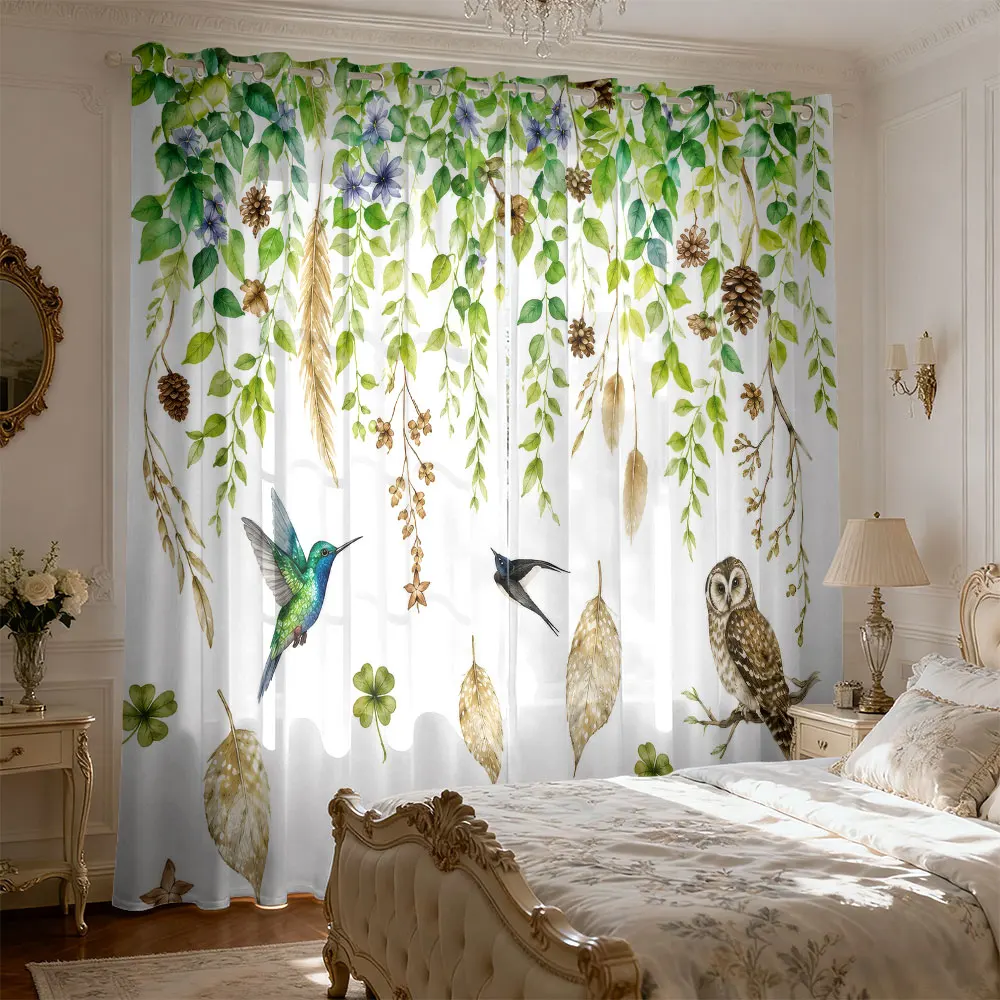 2pcs forest style flower bird green plant pine cone curtains living room bedroom blocking light and decorating home interiors
