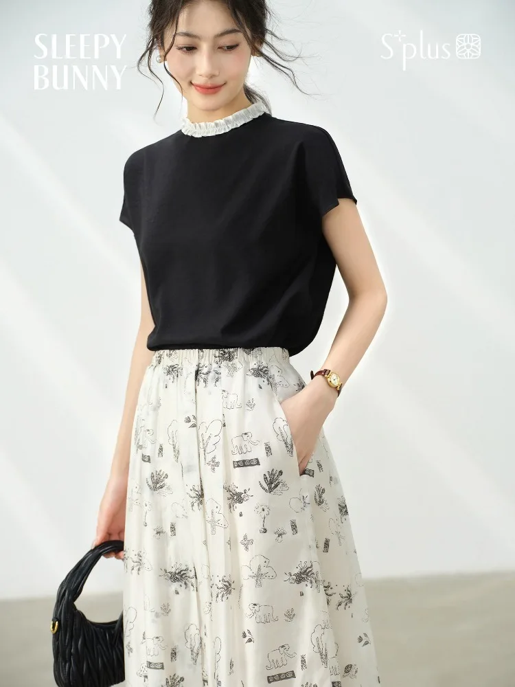 

Elegant Contrast Ruffle Trim T-Shirt for Women Summer Comfy Cool-touch Short Sleeve Top Hepburn Draped Casual Blouse Office Wear