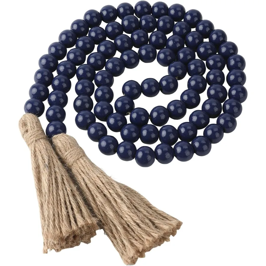 

Wood Bead Garland 58 Inch Blue Wooden Beads for Boho Farmhouse Table Home Dr with Tassel Wooden Prayer Bead Rustic Country Boho