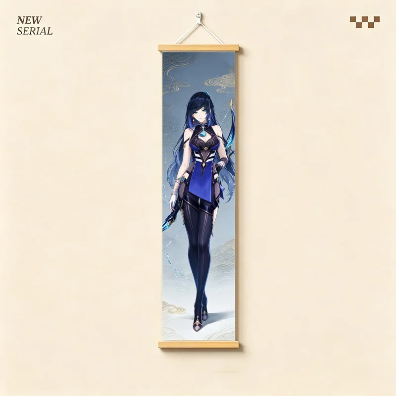Hanging Scroll Wall Art of Genshin Impact Yelan with Swirling Blue Water on Silver Shimmer Canvas for an Anime Bedroom