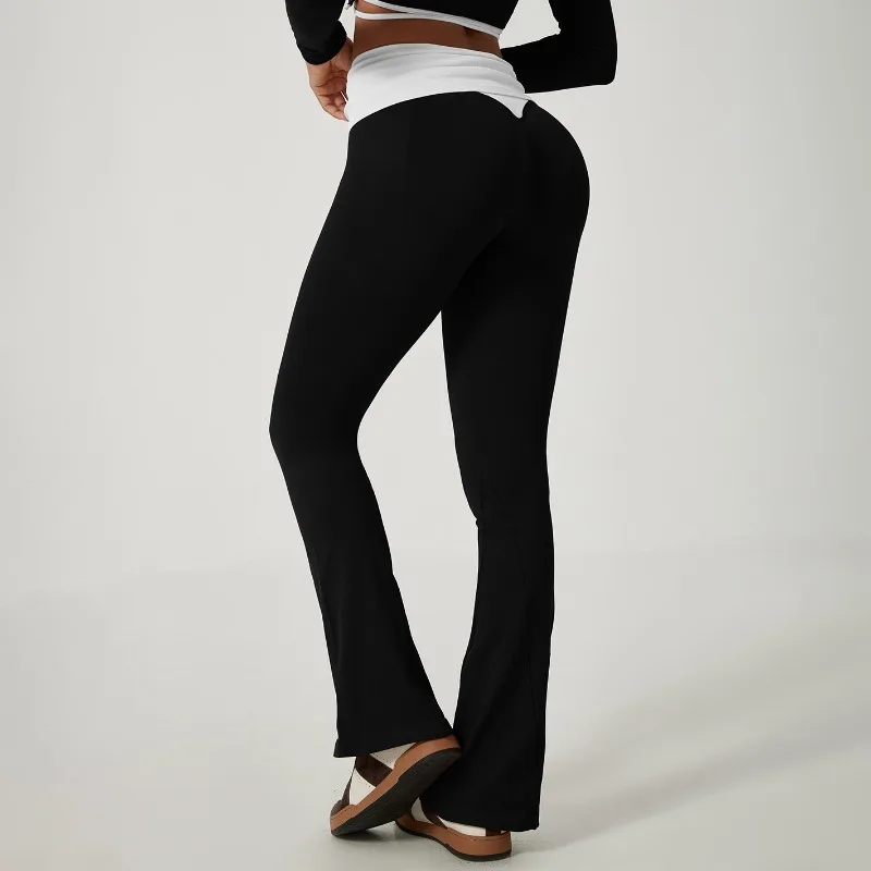 Pantaloni da yoga svasati con cintura pieghevole a blocchi di colore a vita alta senza cuciture da donna Leggings sportivi casual con gamba larga per sollevamento bottino