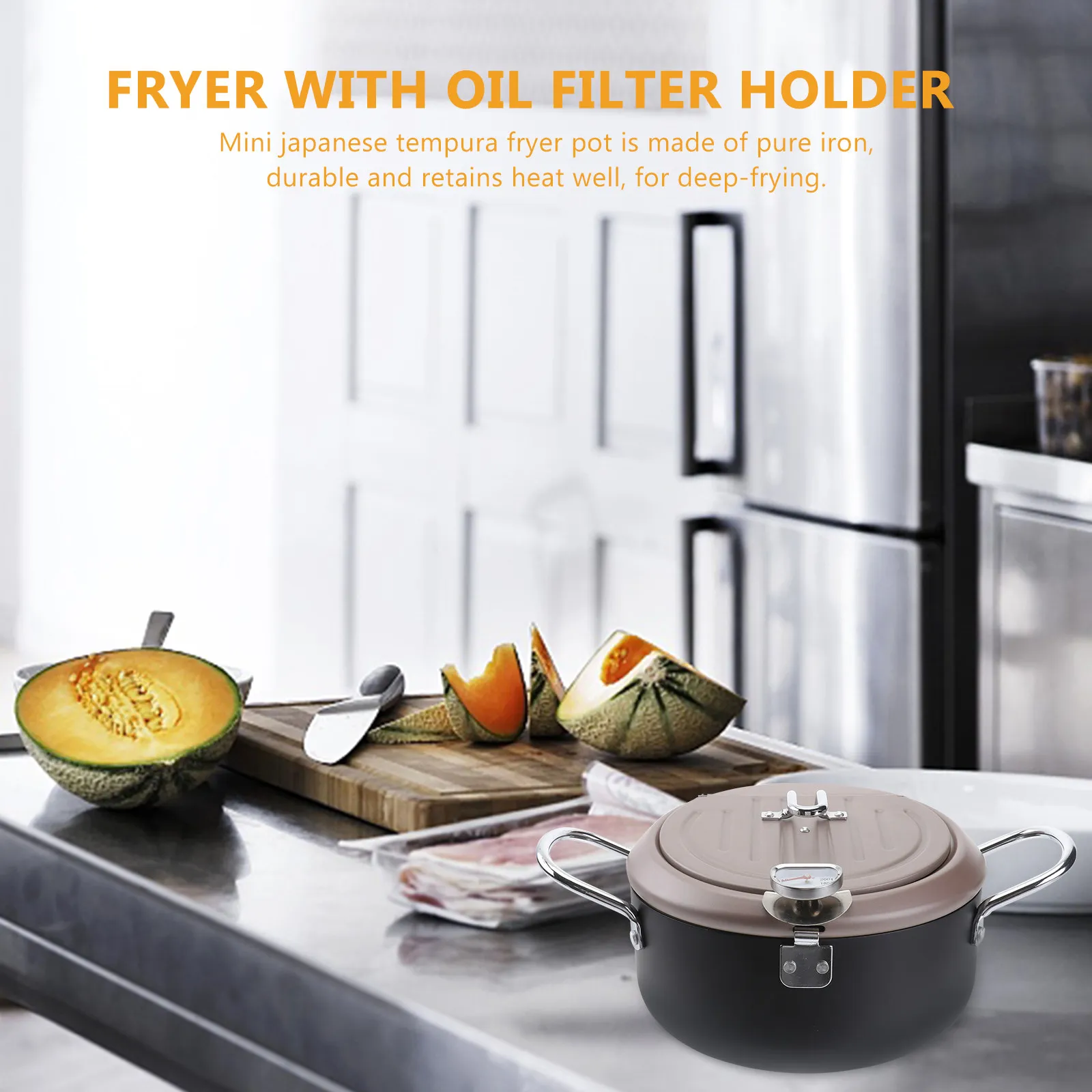 Japanese Style Fryer Pan 20Cm Deep Frying Pot Coffee Cover Detachable Thermometer Oil Filter Holder for Household Cooking view 2