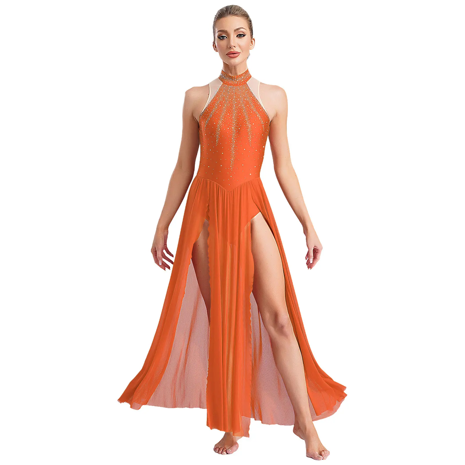 

2025 New Womens Lyrical Modern Contemporary Dance Dress Costume Shiny Rhinestones Sleeveless Split Dress for Performance Party