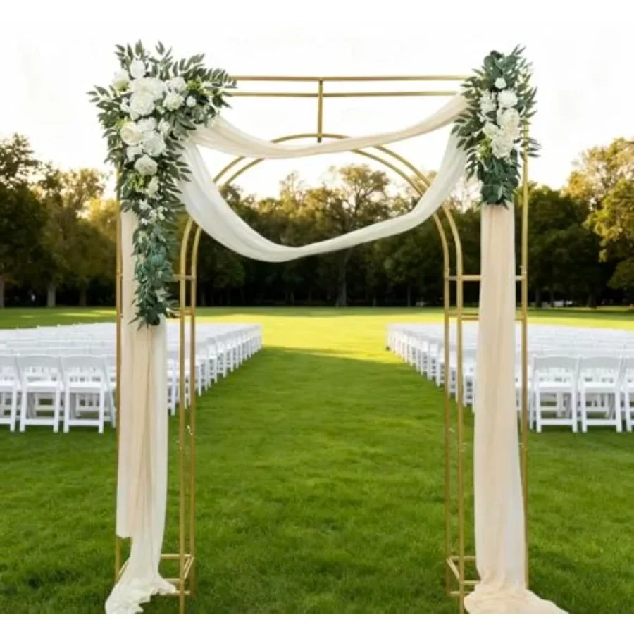 Wedding Arch Backdrop Stand for Garden Photo Booth, Gold Metal Frame, 5.91 x 7.87FT Square Balloon Arch Stand with Sheer Fabric