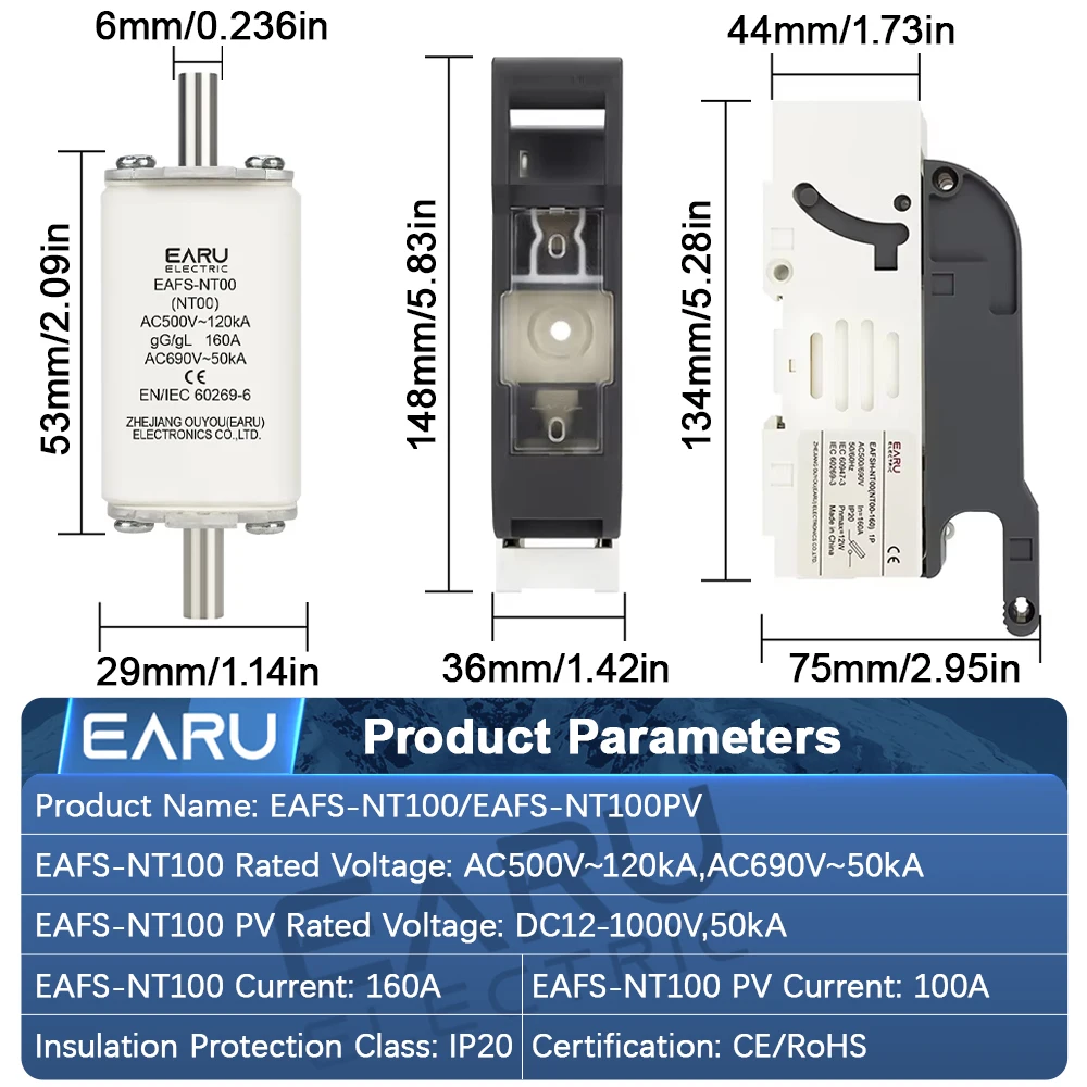 EARU Fuse Disconnector Switch For 100A 160A NT00 Battery Fuse Plug-in Knife Type Installation Suitable DC 12V-1000V AC 500V 690V