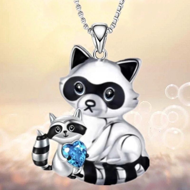 Fashion Mother Child Raccoon Necklace Heart Crystal Pendant Engagement Necklaces for Women Animal Jewelry Party Anniversary Gift