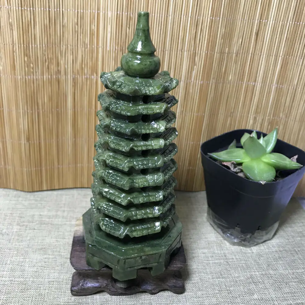 Collect Natural Green Jade Carving Wenchang Tower Stupa Pagoda Statue Sculpture