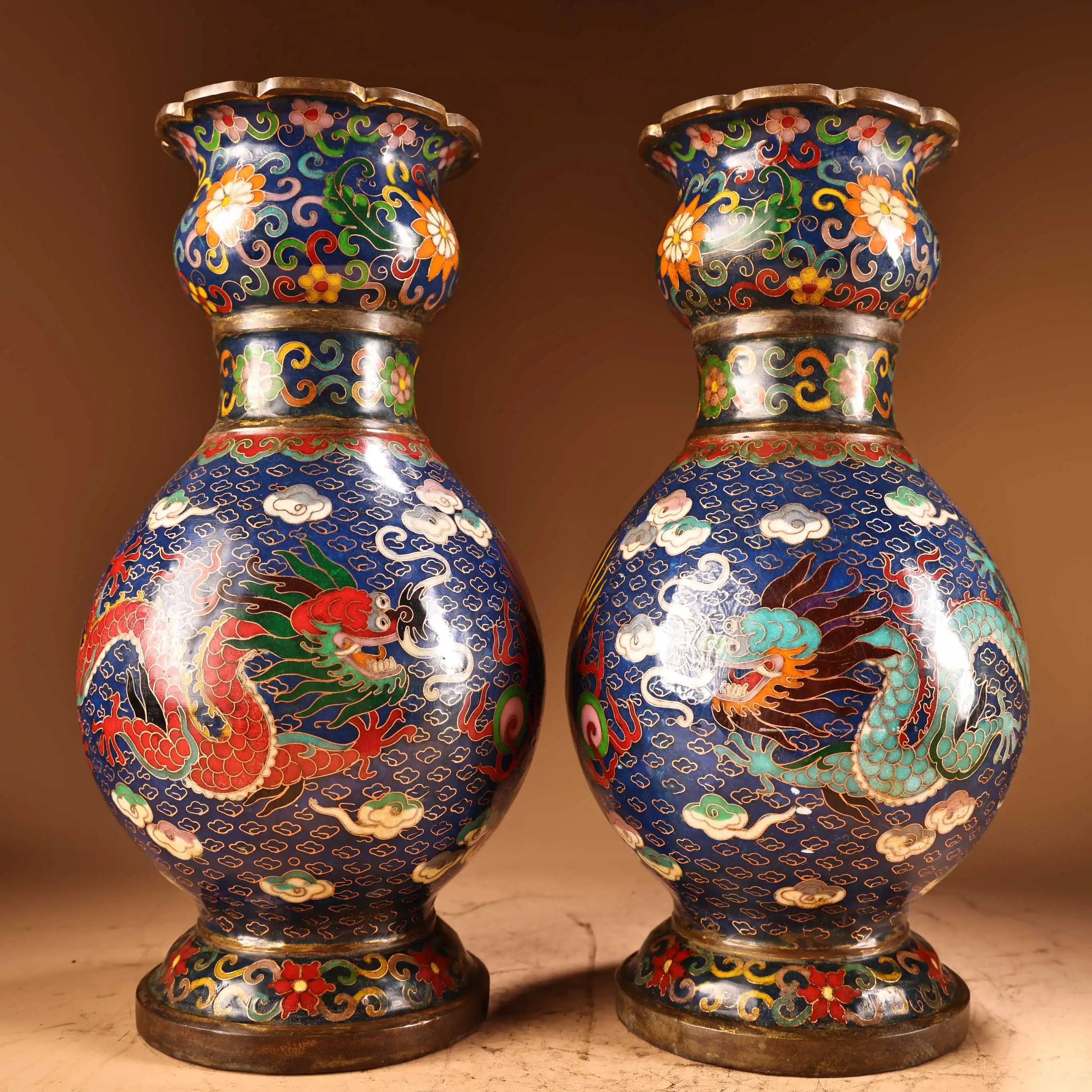 

Old Bronze Cloisonne Enamel Floral Pattern Dragon and Phoenix Pattern Bottle Vase A Pair Amass wealth Ornaments Town House